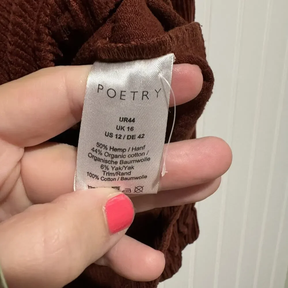 Poetry Half Zip Pullover Jacket Corduroy Rust Lagenlook Hemp Cotton Yak Size 12